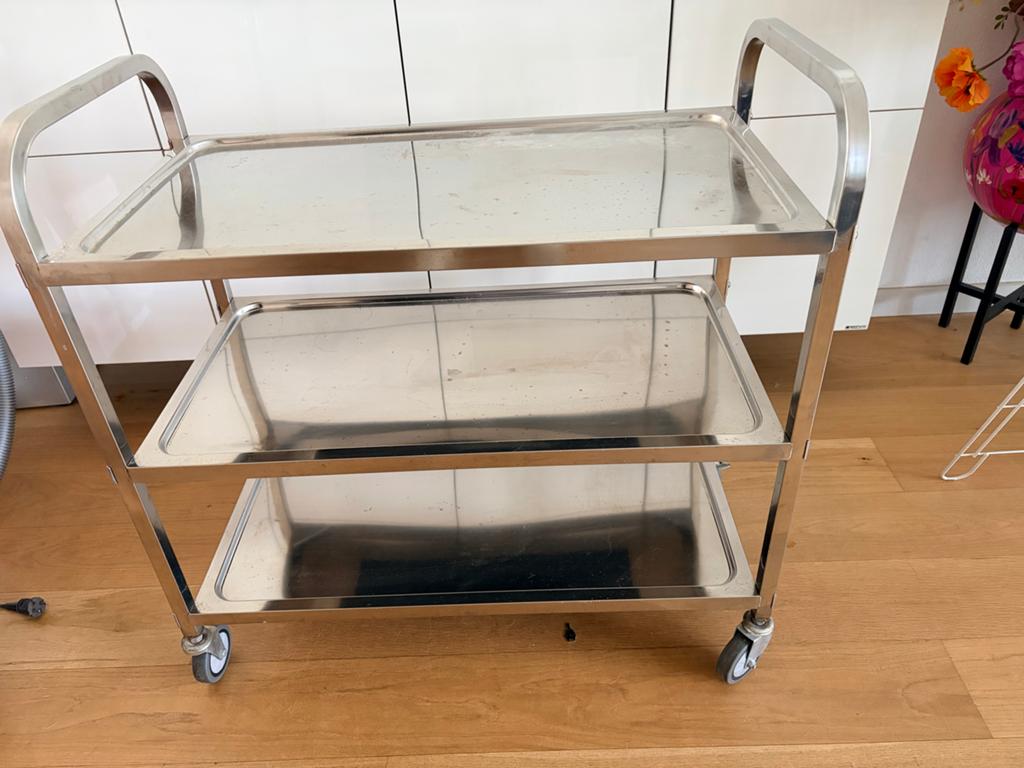 RVS Serveerwagen met 3 Bladen en Wielen, Gebruikt, Ophalen of Verzenden, Zilver, Metaal