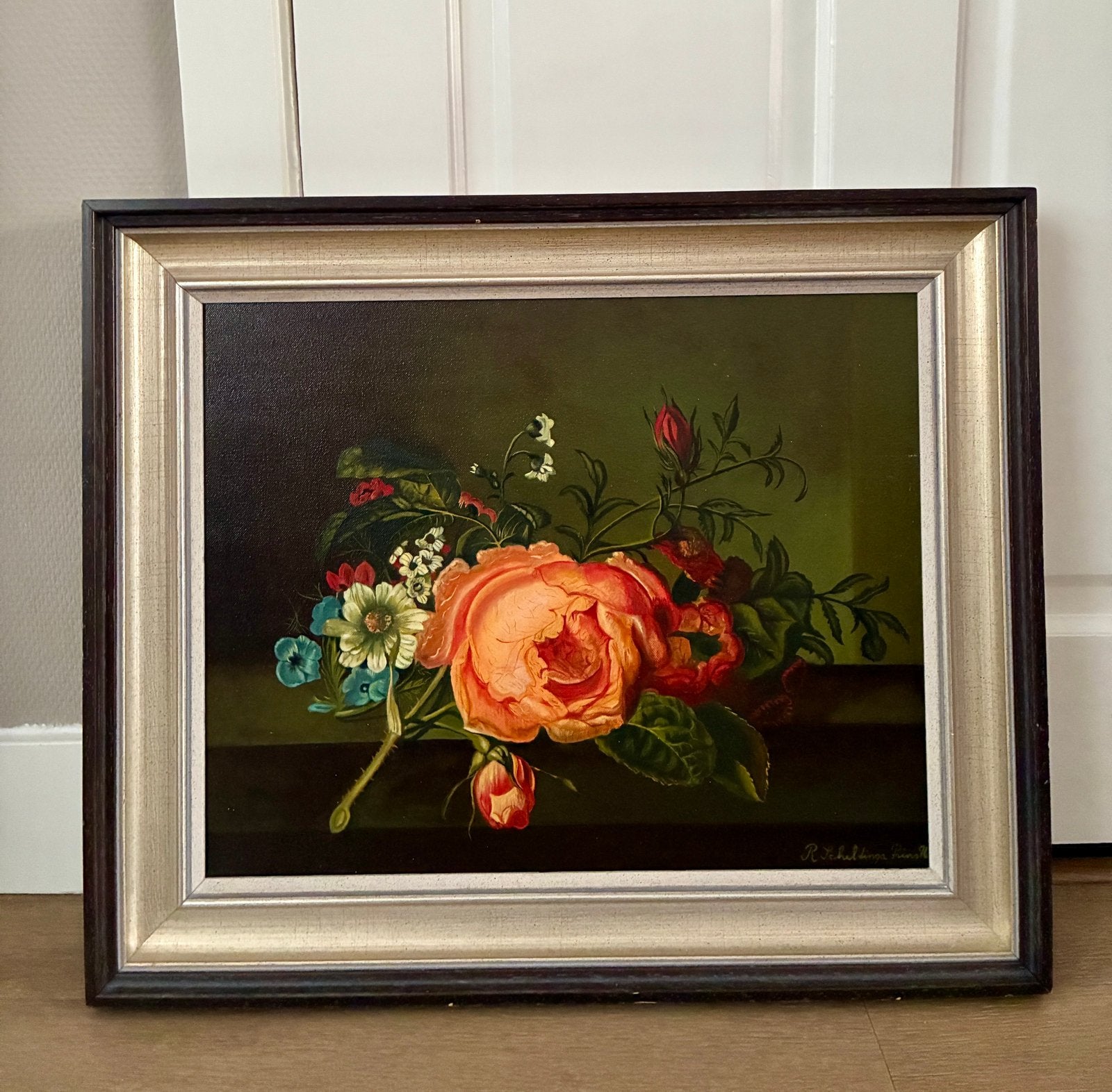 Schilderij Bloemen R. Scheldinga Prins ‘96, Doek, Stilleven, Ophalen of Verzenden, Handgeschilderd