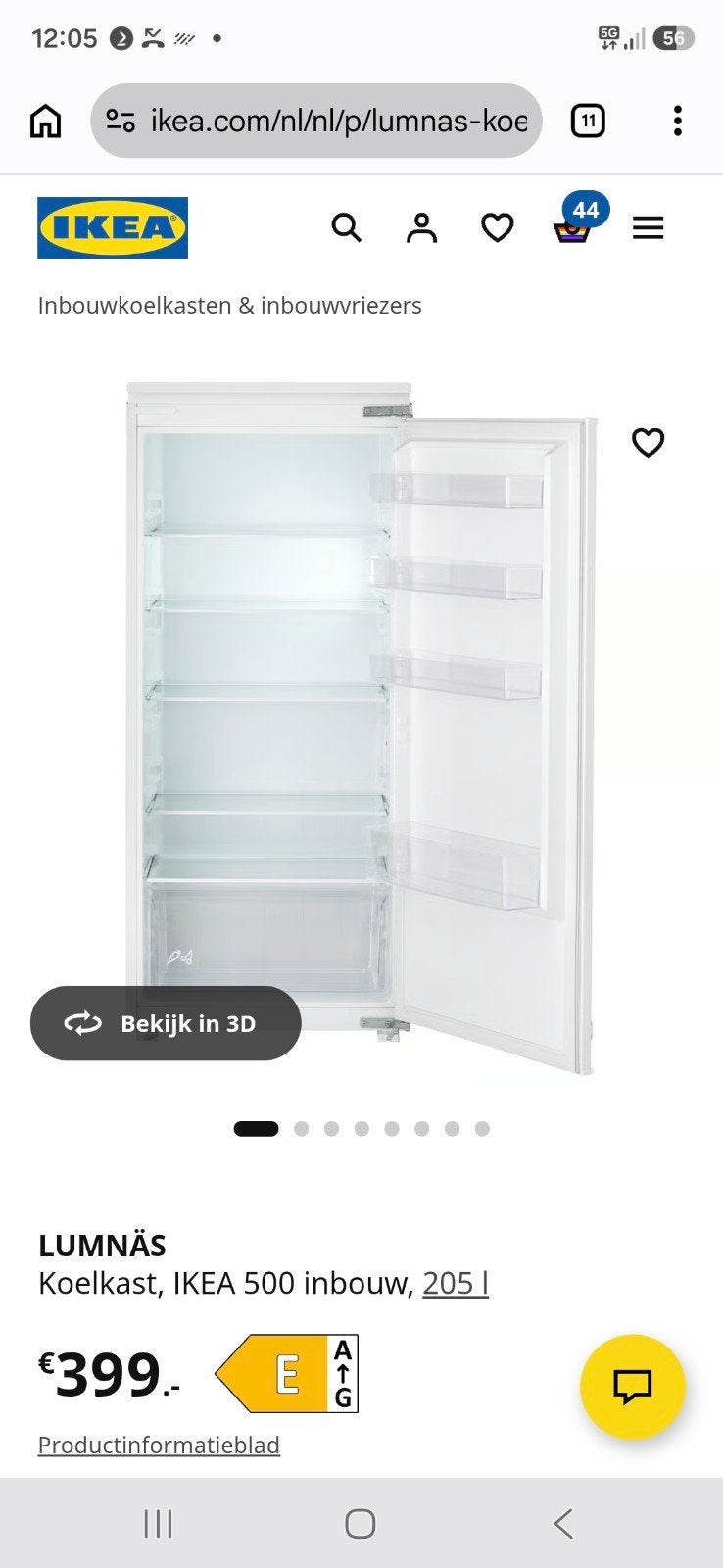 IKEA LUMNÄS Inbouwkoelkast, 125 cm nishoogte, z.g.a.n., Zonder vriesvak, 120 tot 140 cm, 200 liter of meer, Ophalen of Verzenden