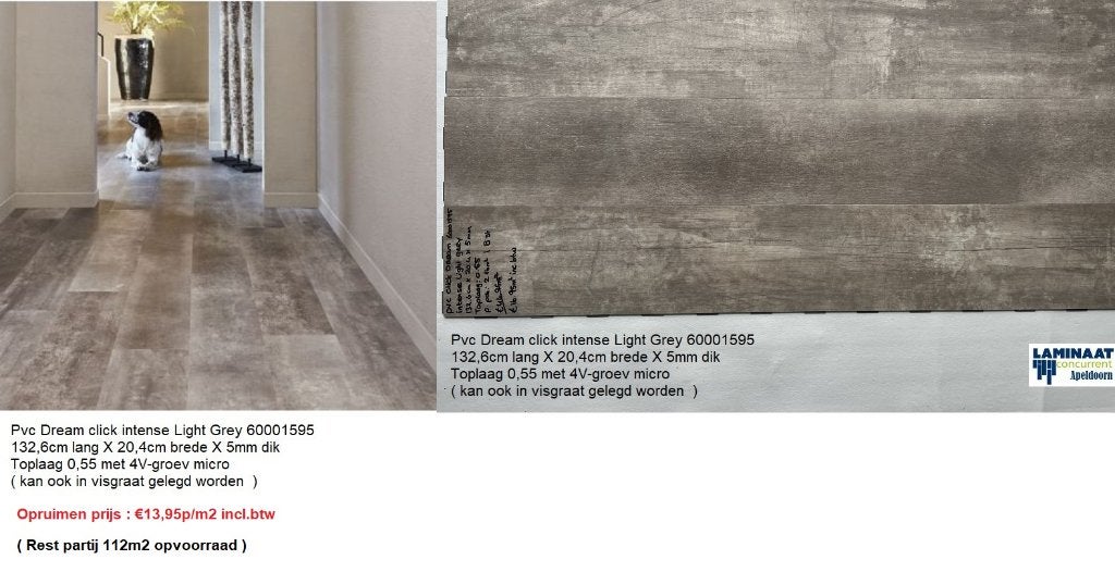 Pvc dream click Pure Intense Light Grey 5mm dik €13,95m2, Ophalen, 75 m² of meer, Nieuw, Grijs