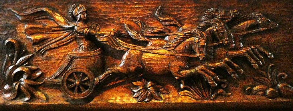 Groot houten paneel Romeinse strijdwagen paarden ridder, Ophalen, Houtsnijwerk, Handgemaakt, 1 meter - 2 meter