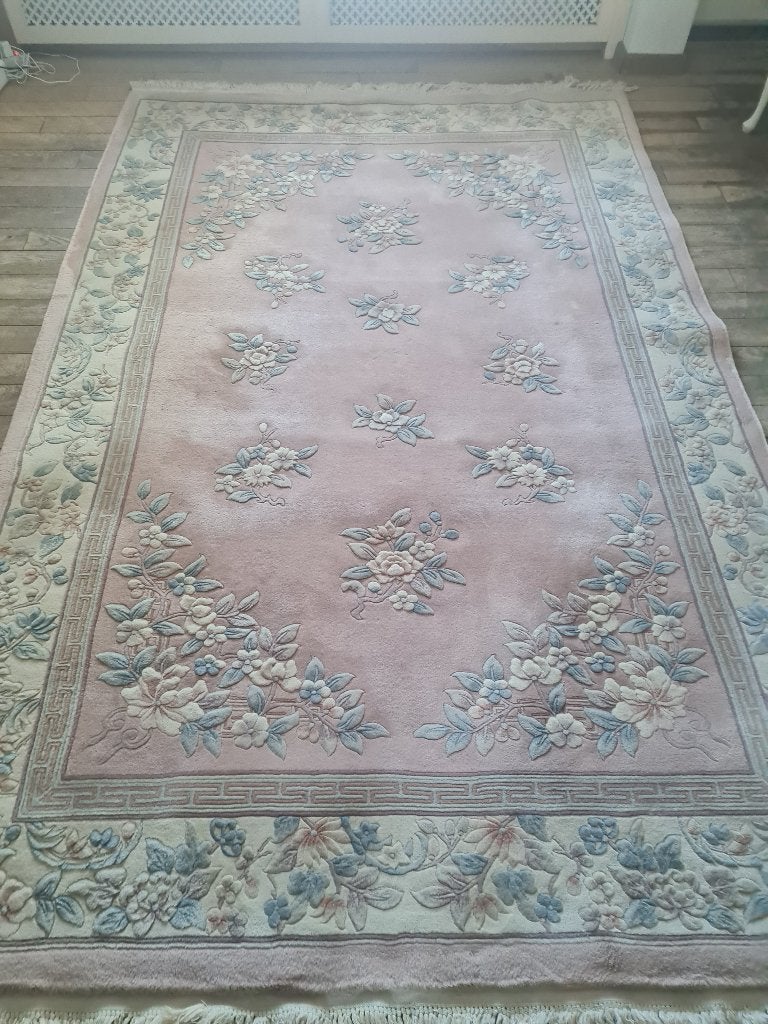 Vintage hand geknoopt roze wollen vloerkleed Engels, Ophalen, Heikant 21 Kaatsheuvel, 150 tot 200 cm, Belle Vieille Brocante