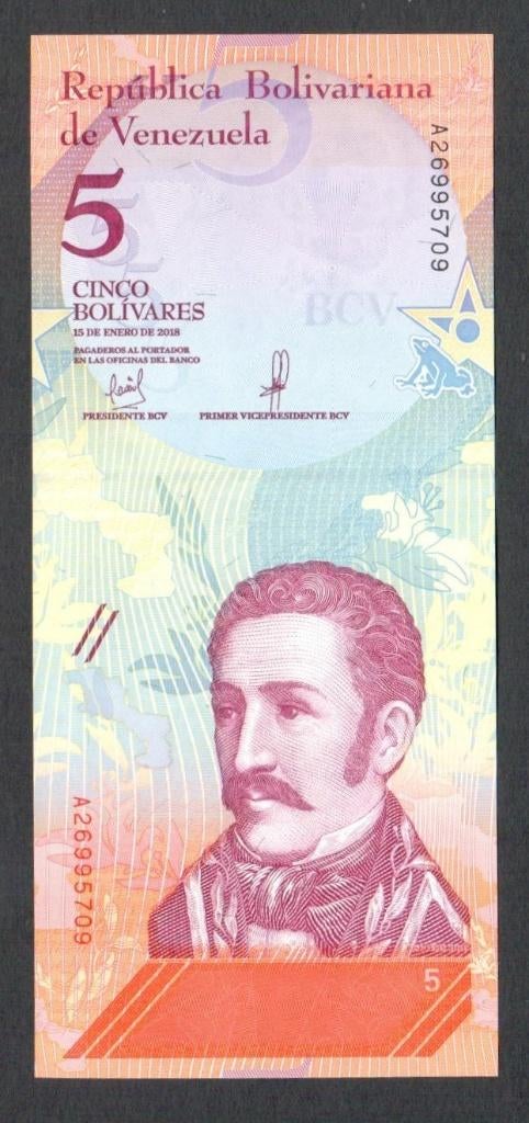 Bankbiljet - Venezuela 5 Bolivares 2018 - UNC, Ophalen of Verzenden, Zuid-Amerika, Los biljet