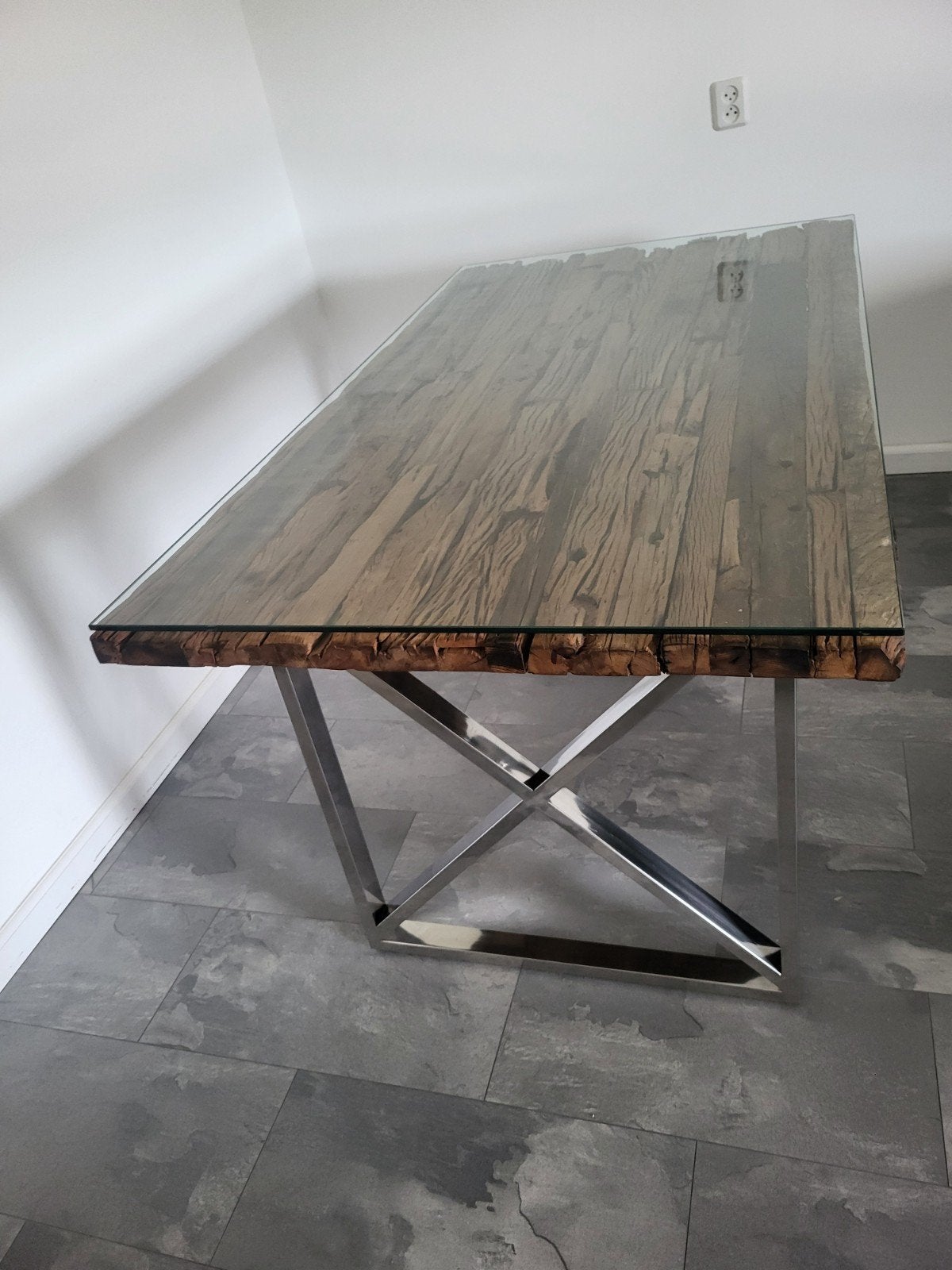 Eettafel met glasplaat, Huis en Inrichting, Ophalen, Zo goed als nieuw, Rechthoekig, 50 tot 100 cm