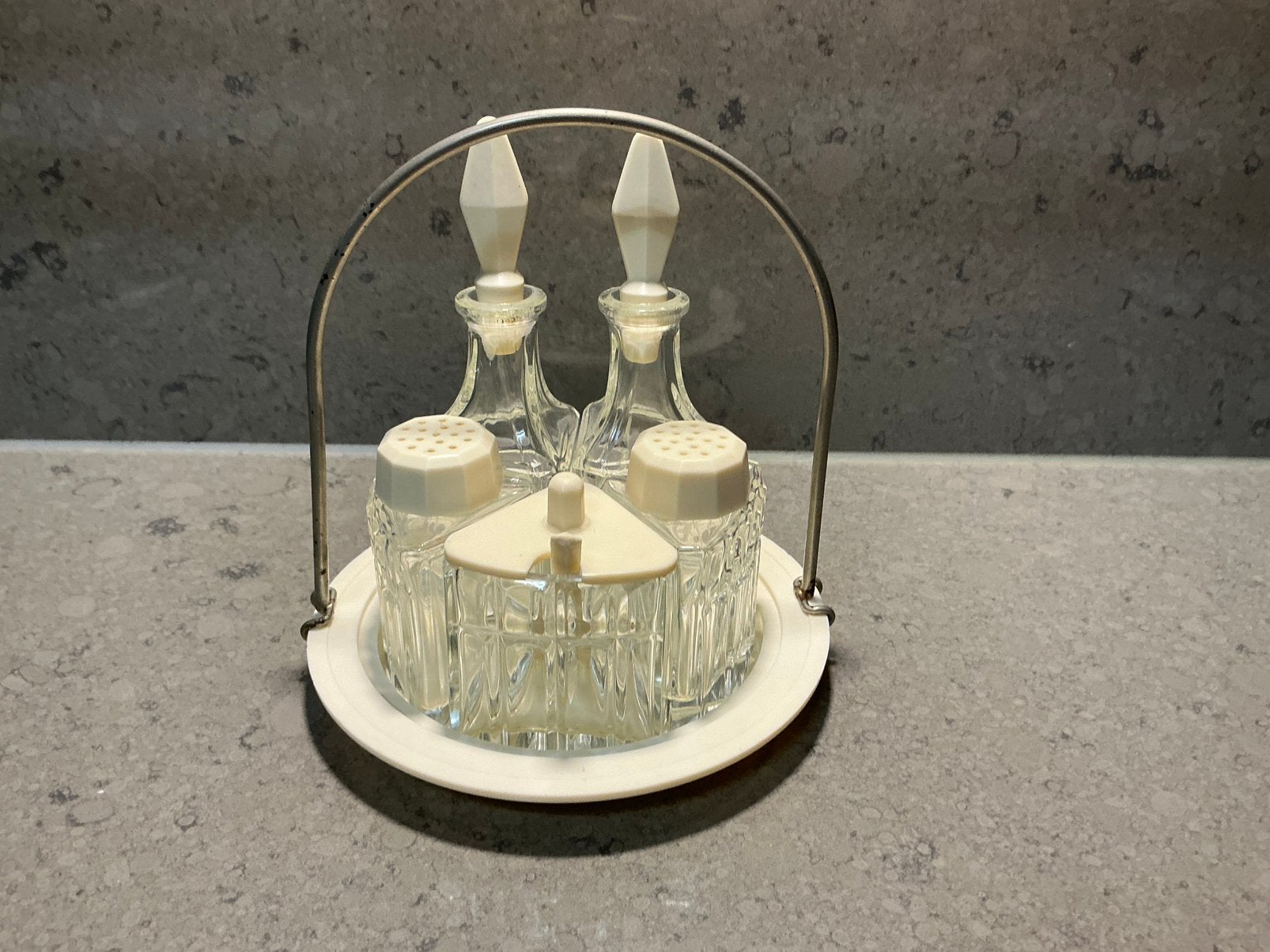 Keukenset bakeliet of wit celluloid? 5 potje glas op tableau, Ophalen of Verzenden