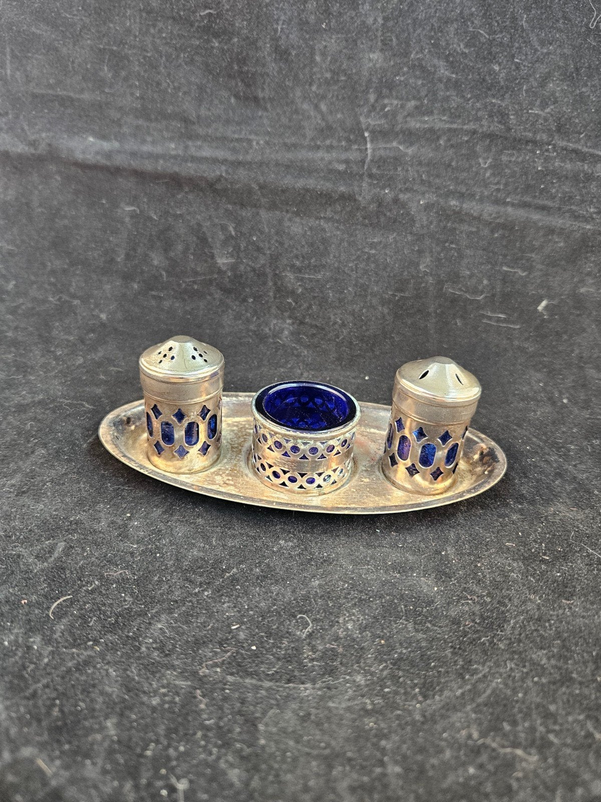 Engels Zout-, Peper- en Mosterdstel met Blauw Glas, Ophalen of Verzenden