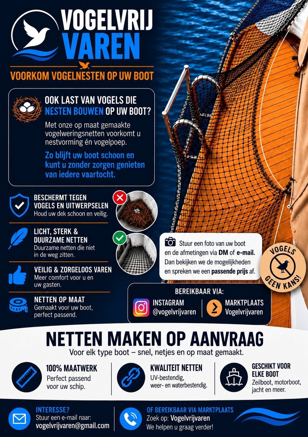Vogelweringsnetten op maat voor boten, Watersport en Boten, Accessoires en Onderhoud, Ophalen of Verzenden, Nieuw, Overige typen