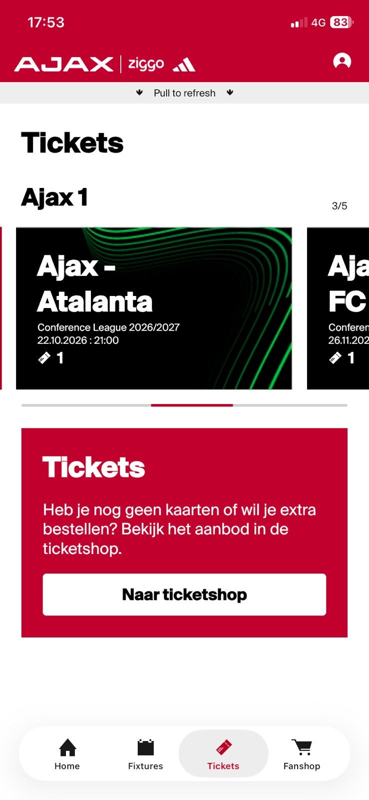 1x Ajax Conference league Passe-partout Fside, Losse kaart, Eén persoon, Oktober, Europa of Champions League
