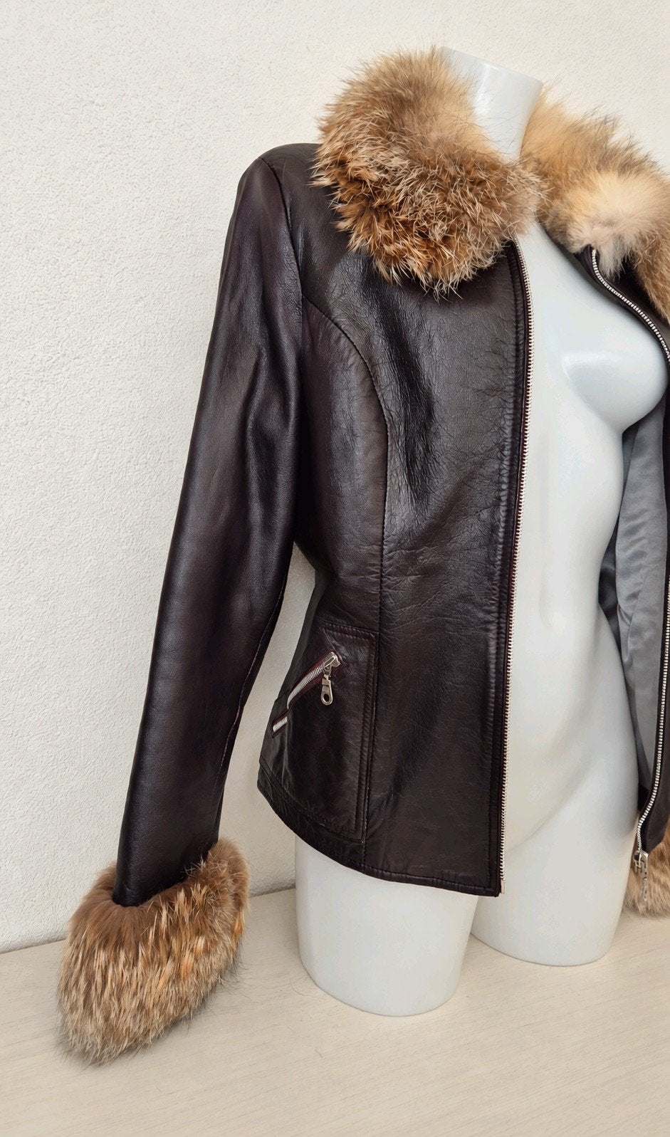 Vintage leren jas met echt bont – donker aubergine, Bruin, Verzenden, Zo goed als nieuw, E-wear products