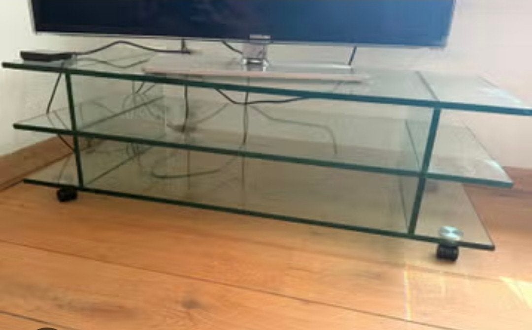 Verrijdbaar glazen tv meubel - Nieuwstaat, 100 tot 150 cm, Ophalen of Verzenden, Minder dan 100 cm, Modern