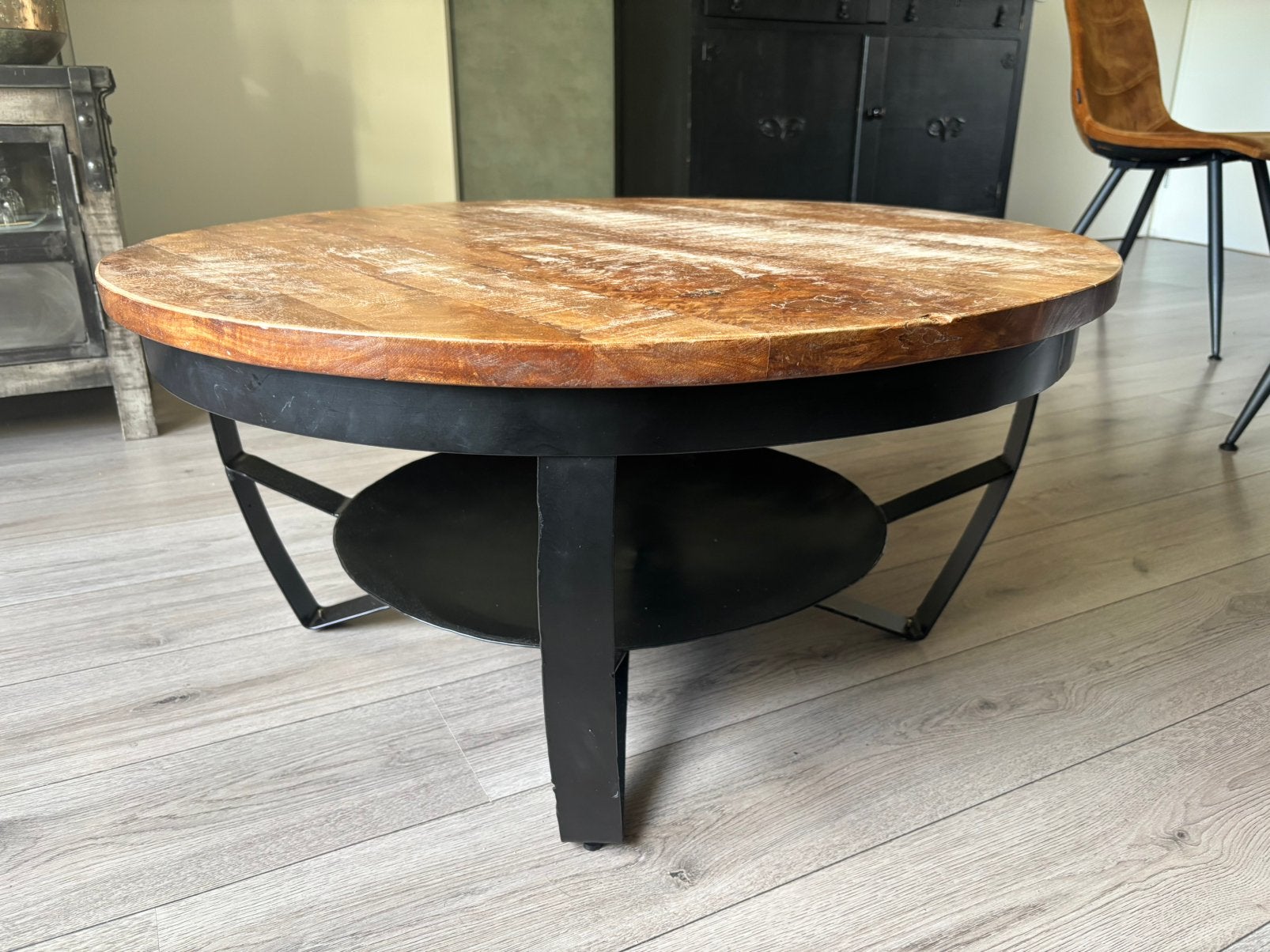 Salon tafel Mangohout 90 cm, Ophalen, 50 tot 100 cm, Rond, Zo goed als nieuw