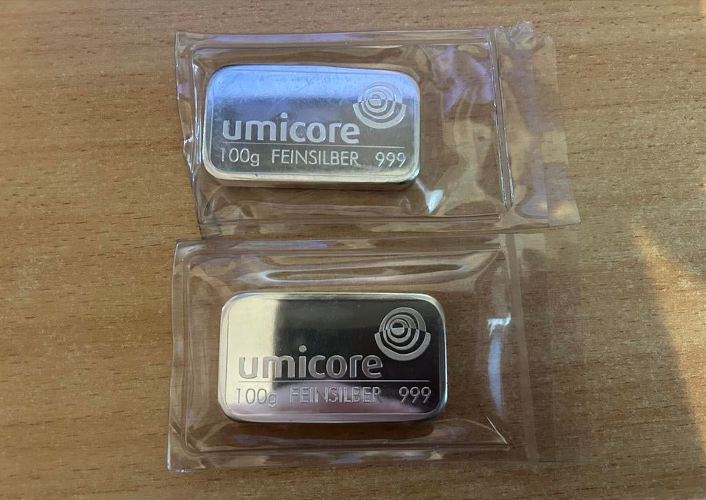 2x Umicore 100g Fijne Zilveren Baren 999, Postzegels en Munten, Ophalen of Verzenden, Zilver