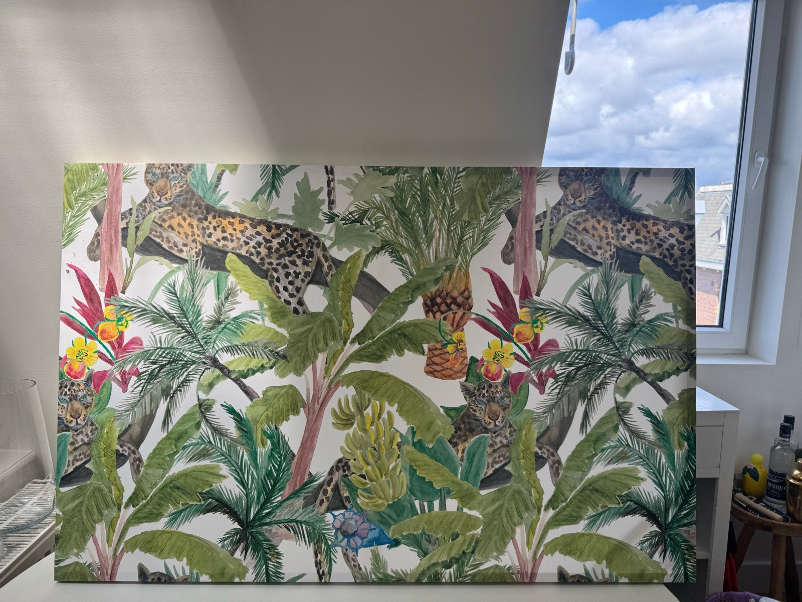 (Jungle painting) Groot Jungle Schilderij met Luipaarden, Ophalen, Dieren, Print, Op houten frame