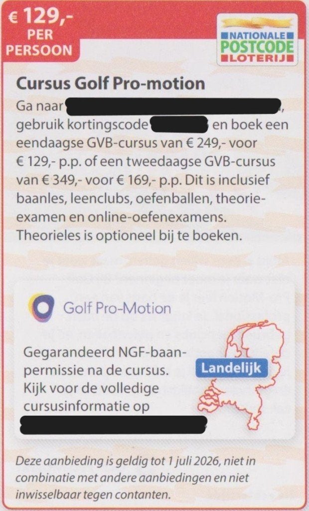 Cursus Golf Pro-Motion. € 129,- p.p. Postcodeloterij bon., Eén persoon, Kortingsbon