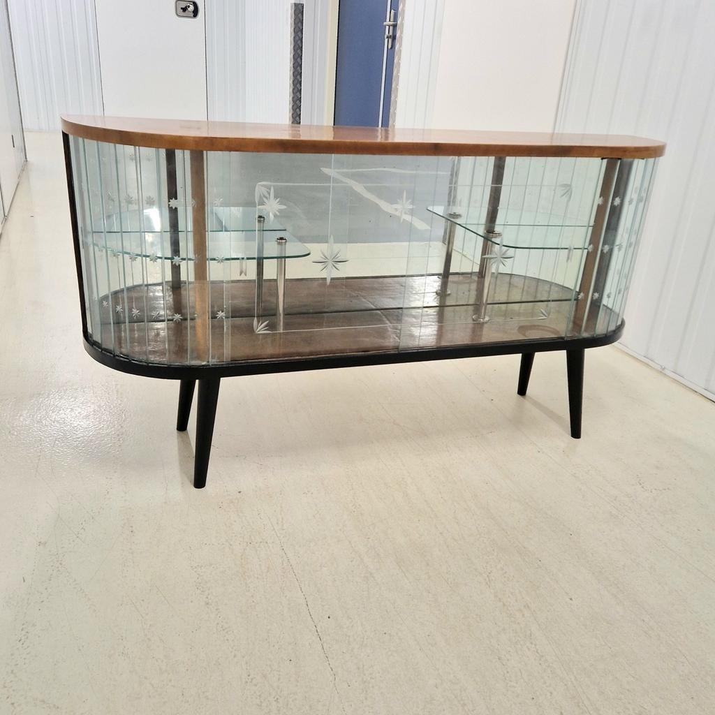 Mid-Century Barkast / Vitrine – Gegraveerd Glas & Hoogglans, Gebruikt, Ntp, Glas, Minder dan 100 cm
