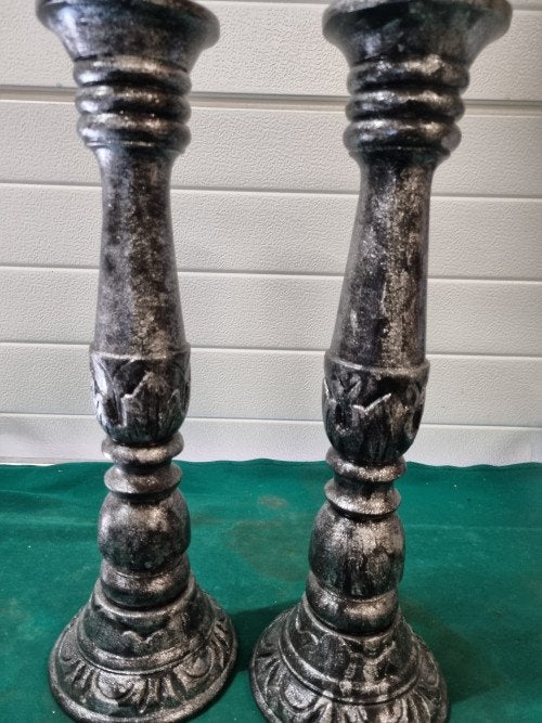 kandelaars van hout zilver kleurig 2 stuks, Ophalen of Verzenden, 'T Olde Gre-j, Info@toldegrej.nl, Endepoelstraat 20f Didam