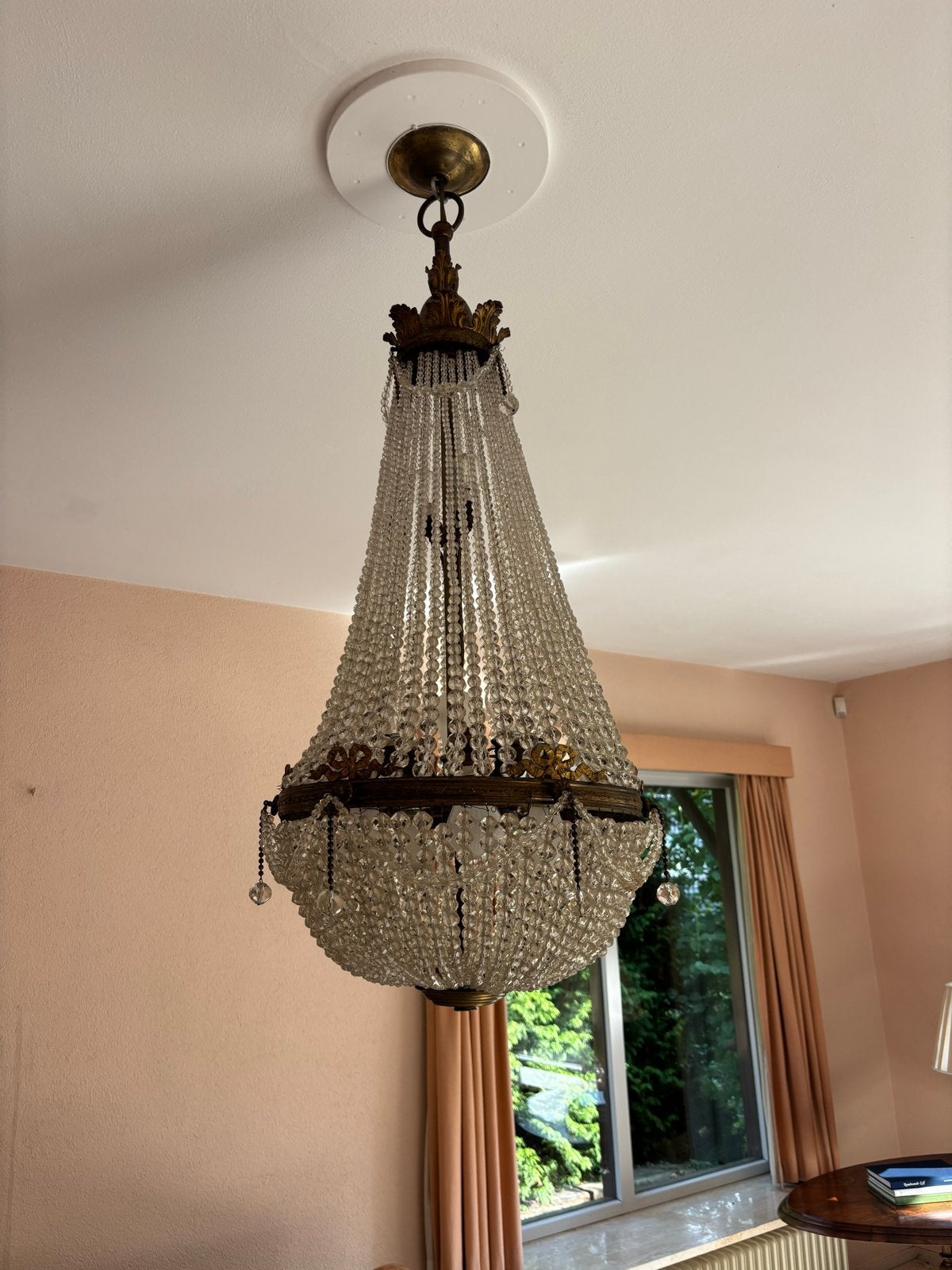 Vintage Kroonluchter met Kristallen Druppels, Ophalen, Gebruikt, Glas, E27 (groot)