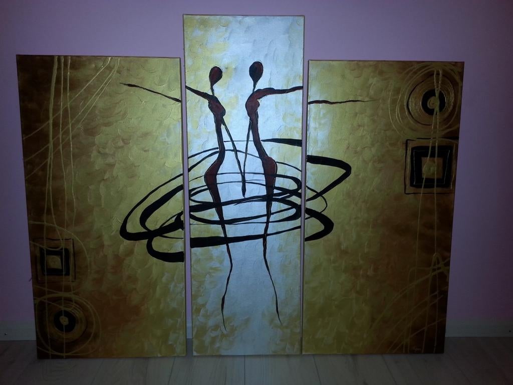 Modern drieluik schilderij met dansende figuren, Ophalen