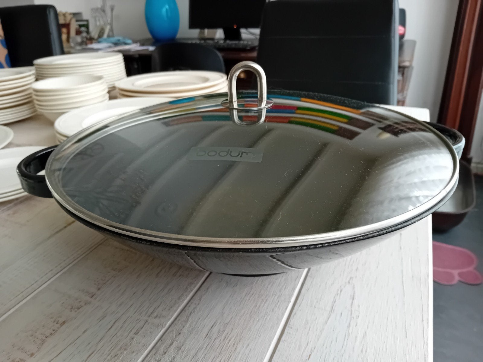 Bodum Chambord gietijzeren pan wokpan wok 37 cm met deksel, Ophalen of Verzenden, Gebruikt, Gietijzer, Wok