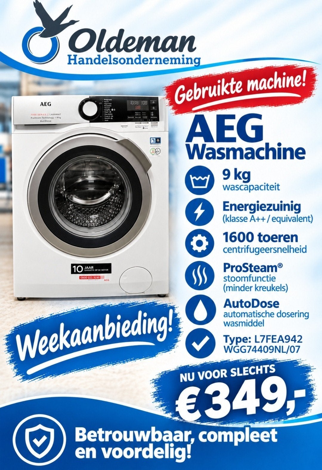 Aeg wasmachine 9kg 1600 toeren Weekaanbieding!, 8 tot 10 kg, Ophalen, 1600 toeren of meer, 85 tot 90 cm