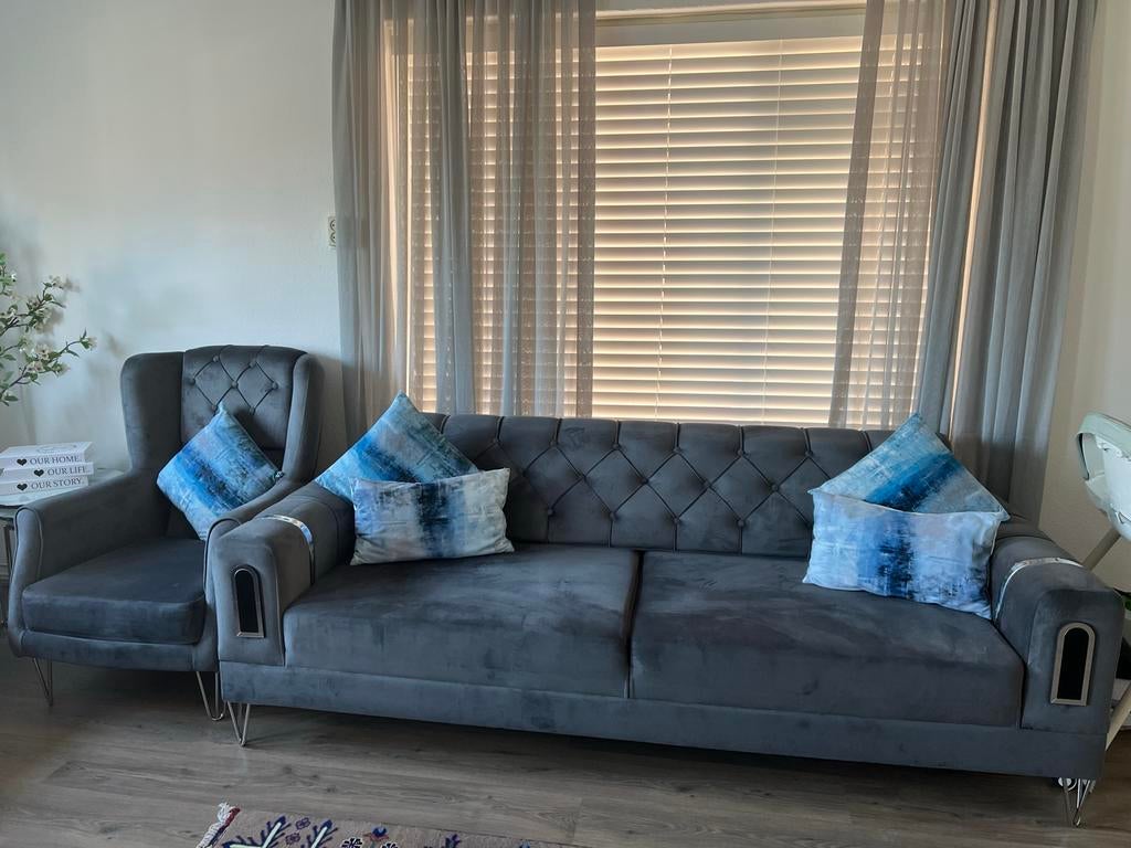 Luxe 3-zitsbank en fauteuil set - Grijs velours, Ophalen, Driepersoons, 75 tot 100 cm, Zo goed als nieuw