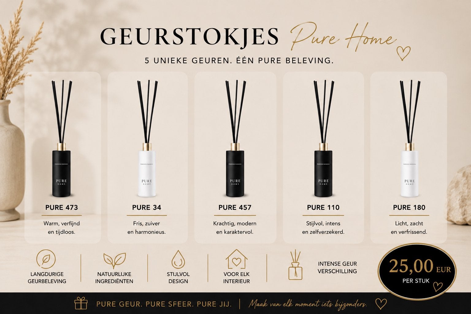 Pure Home Geurstokjes & Home Parfum - Diverse Geuren, Zwart, Nieuw, Ophalen of Verzenden, Modern