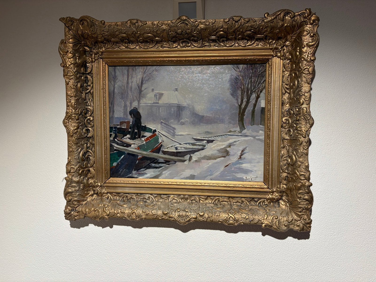 Schilderij Jan de Groot - Winterlandschap met schip, Ophalen, Doek, Realistisch, Gesigneerd