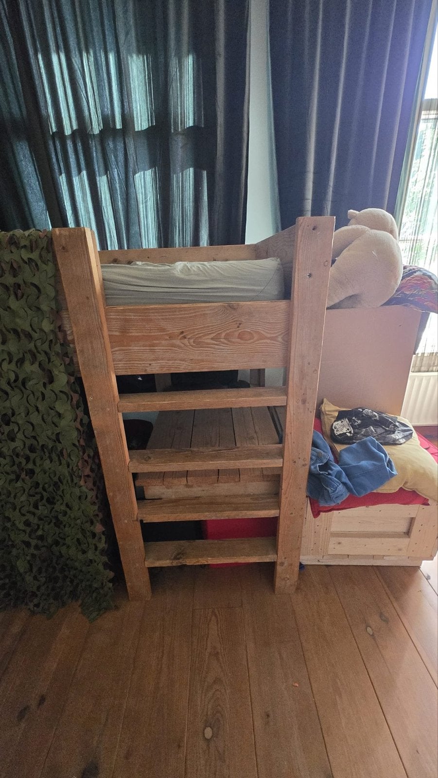Stoer Steigerhoutenbed met kast, bureau en 2 nachtkastjes, Ophalen, Gebruikt, 90 cm, Eenpersoons