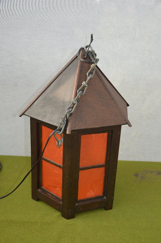 Antieke pagode-achtige hanglamp hout met rijstpapier 6kantig, Gebruikt, E14 (klein), Ophalen of Verzenden, Oosters