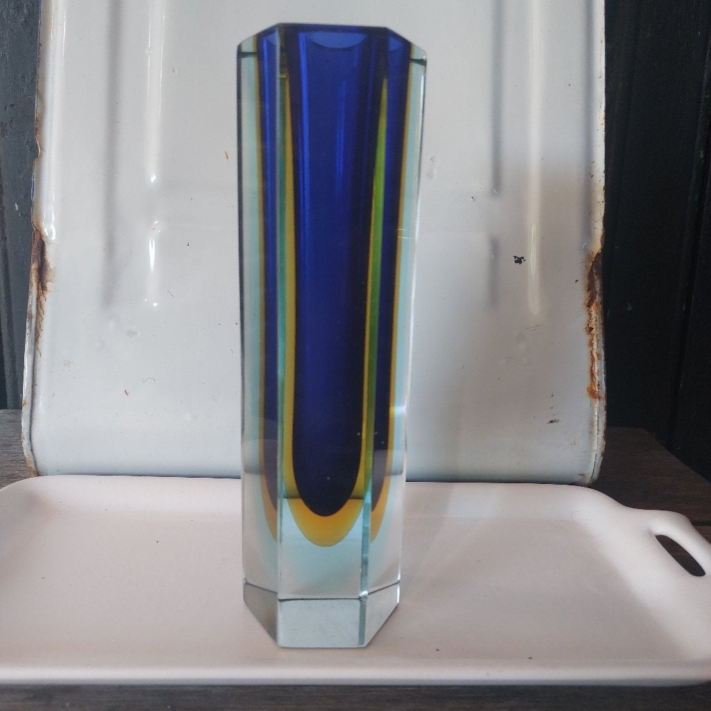 Vintage Murano glazen vaas, blauw en geel, Ophalen of Verzenden