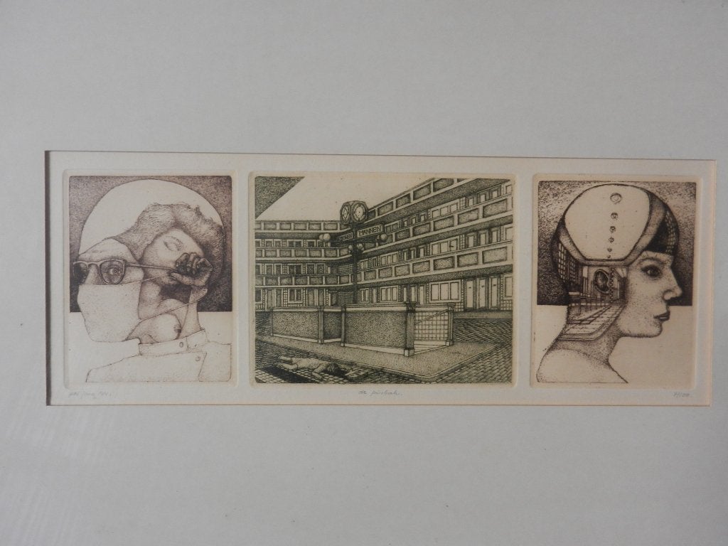 Fraaie ets Drieluik De Pisbak door Pol Jong 1974 nr 7/100, Antiek en Kunst, Dagelijks leven, 29 cm, Ophalen of Verzenden, Met tekst