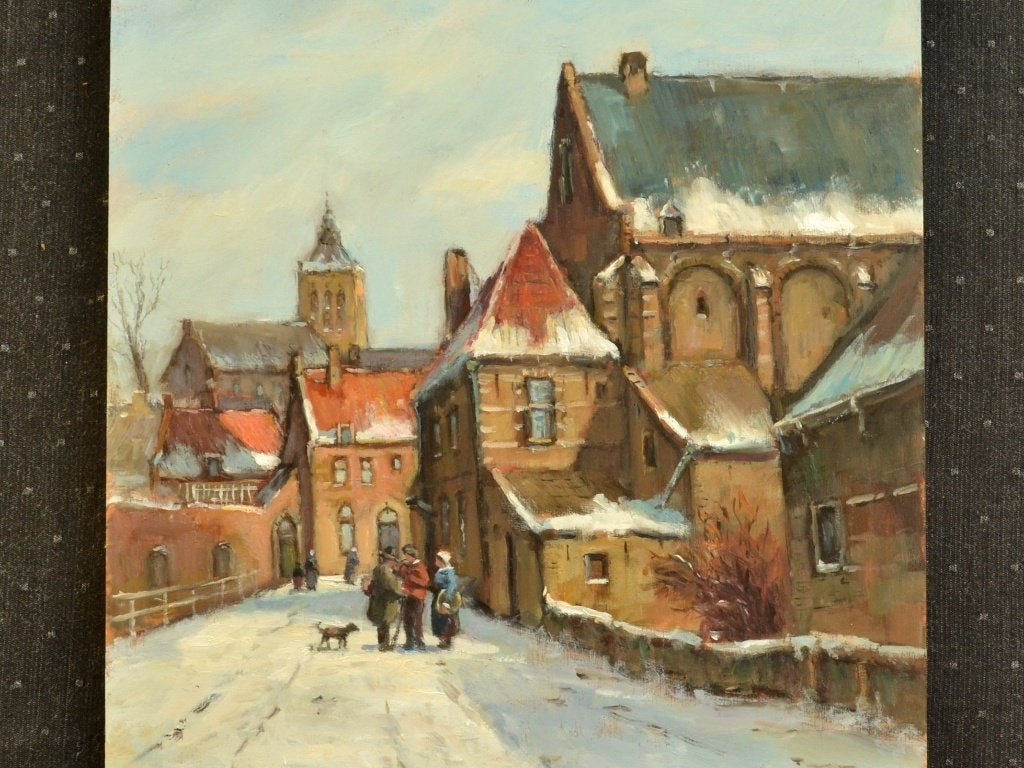 Winters stadsgezicht – Hans Mijnsbergen, olieverf op paneel, Antiek en Kunst, Paneel, Oud hollands, Ophalen of Verzenden, Handgeschilderd