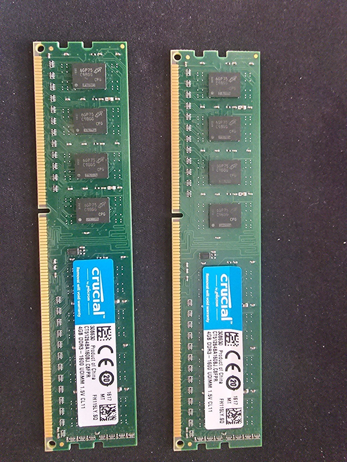 Crucial 4GB DDR3-1600 UDIMM RAM Geheugen (2 stuks), Computers en Software, RAM geheugen, Gebruikt, DDR3, Ophalen of Verzenden