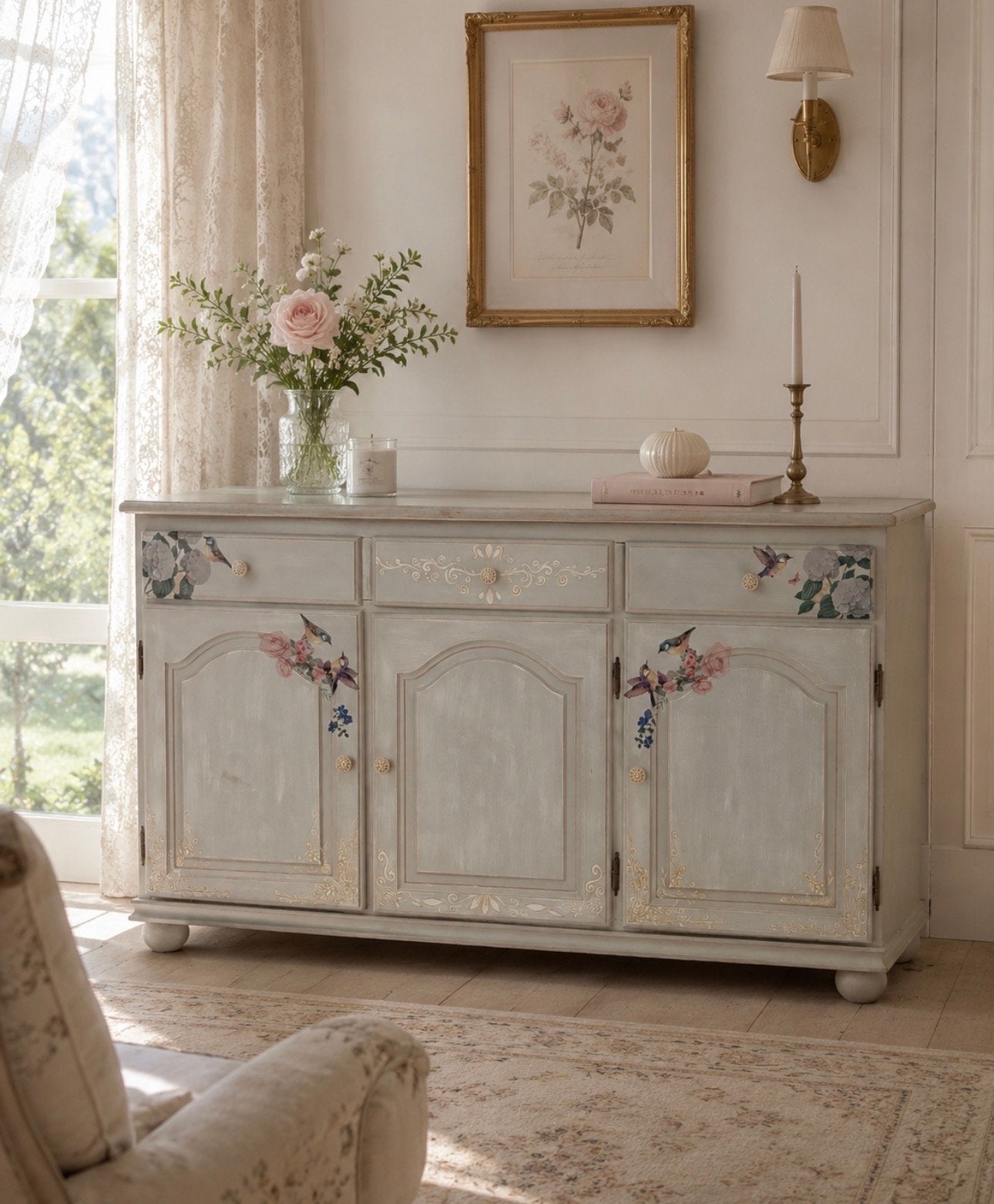 Uniek handgeschilderd dressoir met vogel- en bloemmotief, Antiek en Kunst, Ophalen