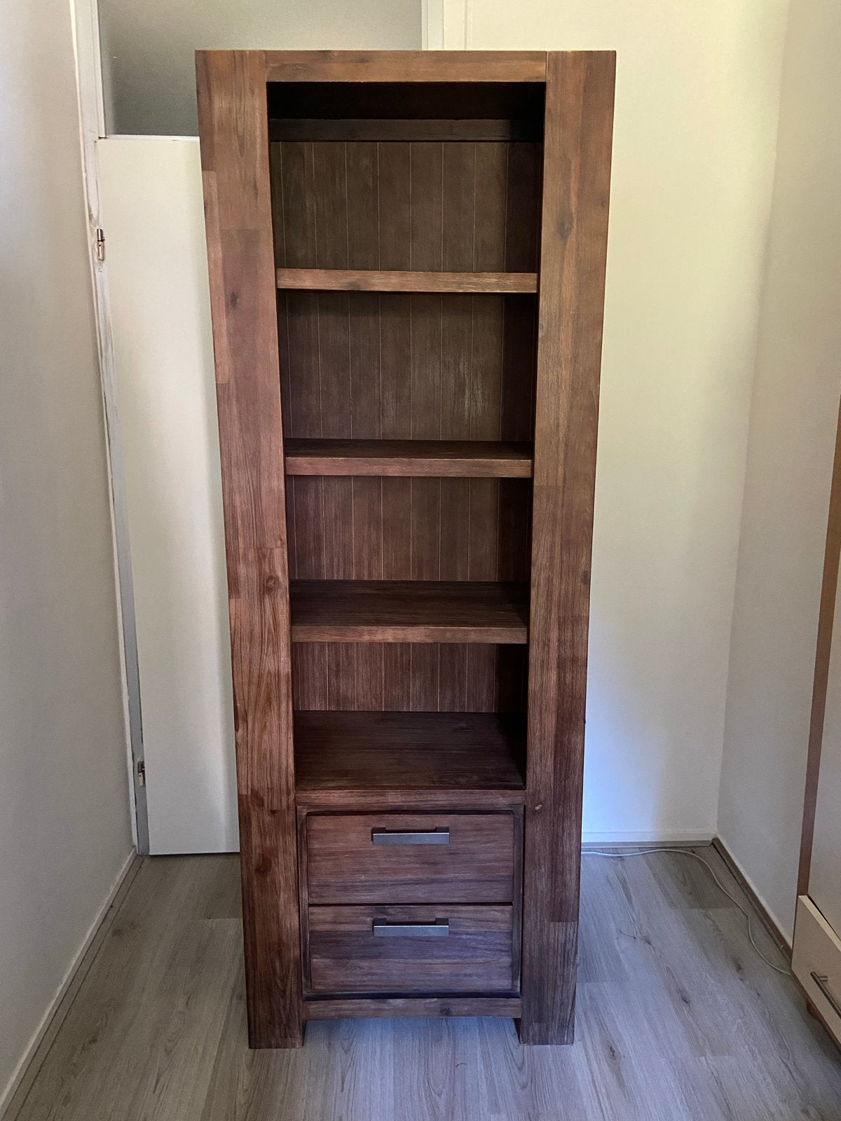 Massief houten boekenkast met lades, Huis en Inrichting, Kasten | Boekenkasten, Ophalen, Minder dan 50 cm, Gebruikt, 200 cm of meer