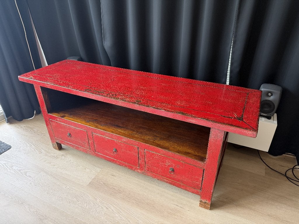 Chinese TV-kast / televisiemeubel – rood massief hout, Ophalen, Chinees vintage, 150 tot 200 cm, Zo goed als nieuw