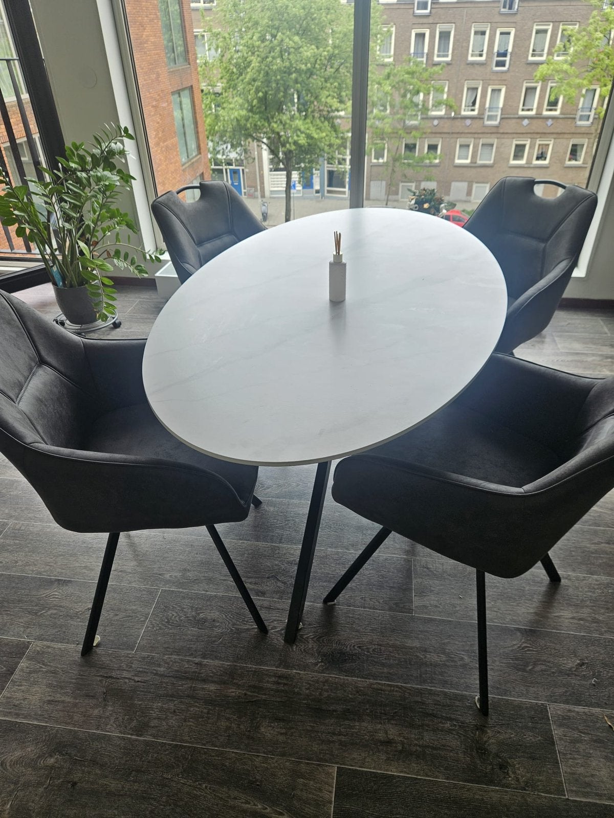 Ovale eettafel met marmer blad en spin poten + stoelen, Huis en Inrichting, Tafels | Eettafels, Overige materialen, 100 tot 150 cm