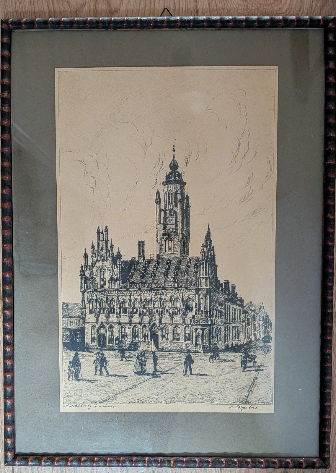 Historische ets van het Stadhuis van Middelburg, Ophalen, Ets, Stadsgezicht, Gesigneerd
