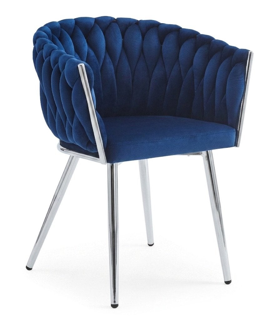Blauwe Velvet Stoel_Gevlochten Rug_Chromen Poten - NIEUW, Huis en Inrichting, Ophalen, Metaal, Blauw, Nieuw