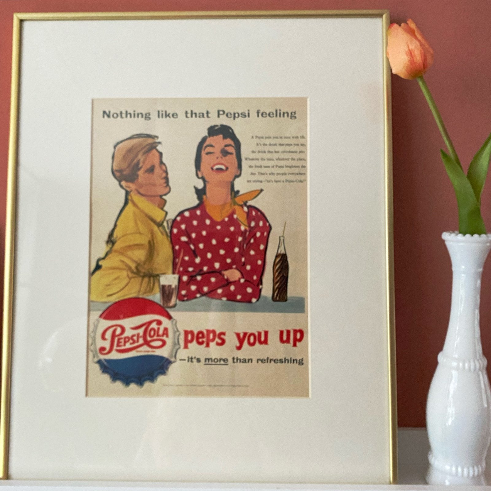 Vintage Pepsi print/advertentie ingelijst - Origineel 1957, Ophalen, Gebruikt, Overige typen