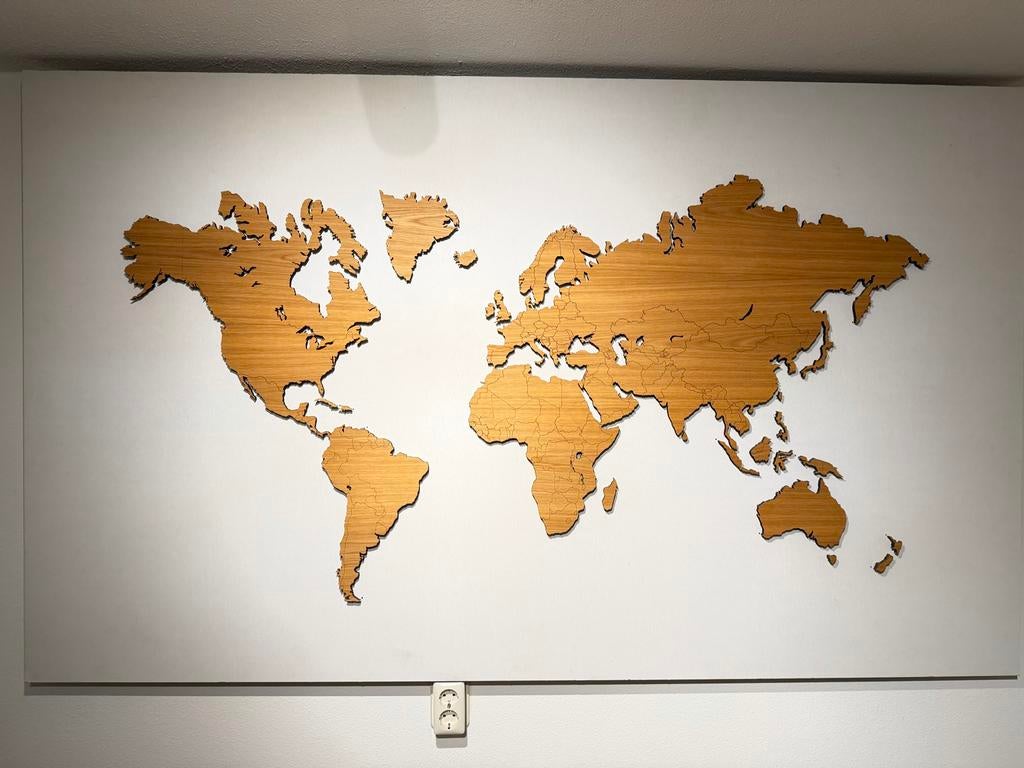 Eikenhouten Wereldkaart (City Shapes) op 2cm MDF plaat, Huis en Inrichting, Ophalen, Hout, Nieuw, Bruin