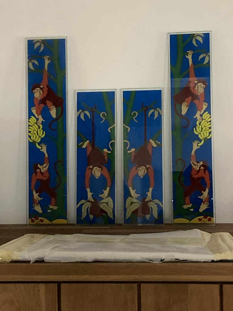 Set van 4 decoratieve glazen panelen met apenillustraties, Ophalen of Verzenden