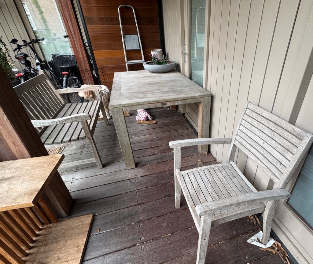 Houten tuinset – tafel, bankje en 2 stoelen, Ophalen, 4 zitplaatsen, Gebruikt, Bank