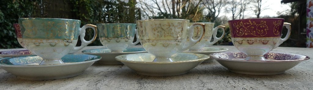 Set 6 Parelmoer Koppen en Schotels met Gouden Bloem Kado Tip, Overige merken, Nieuw, Ophalen of Verzenden, Overige stijlen
