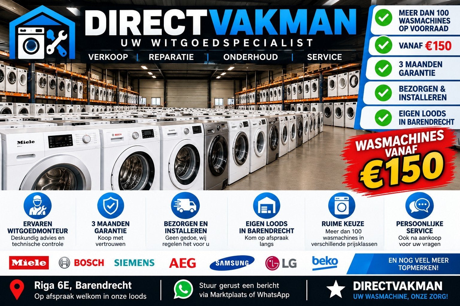 Wasmachines vanaf €150 | 100+ voorraad | 3 mnd garantie, Ophalen, 8 tot 10 kg, 85 tot 90 cm, 1600 toeren of meer