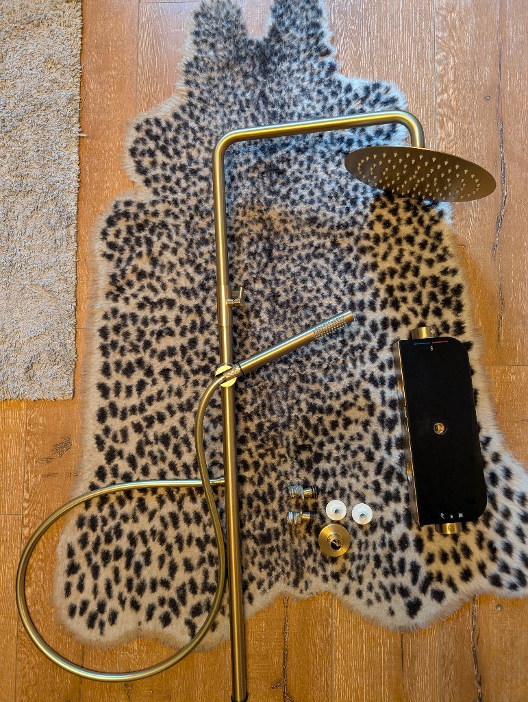 Gouden doucheset met thermostaatkraan, Ophalen of Verzenden, Gebruikt, Koper, Douche