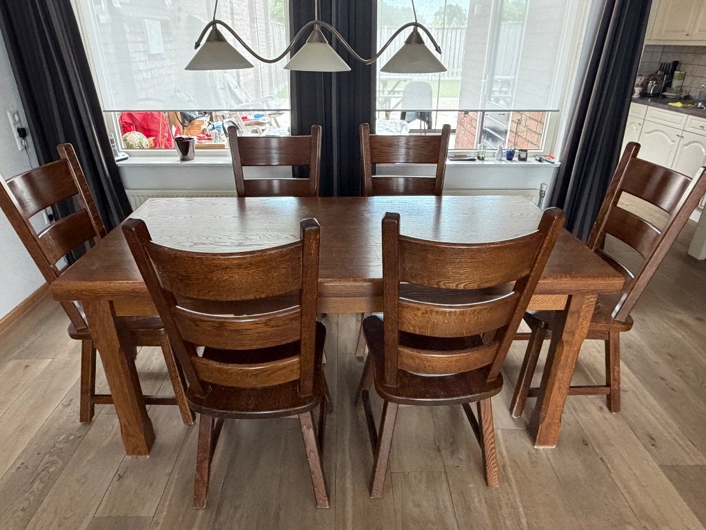 Massief eiken tafel met 6 stoelen, Ophalen, Gebruikt, Eikenhout, 50 tot 100 cm