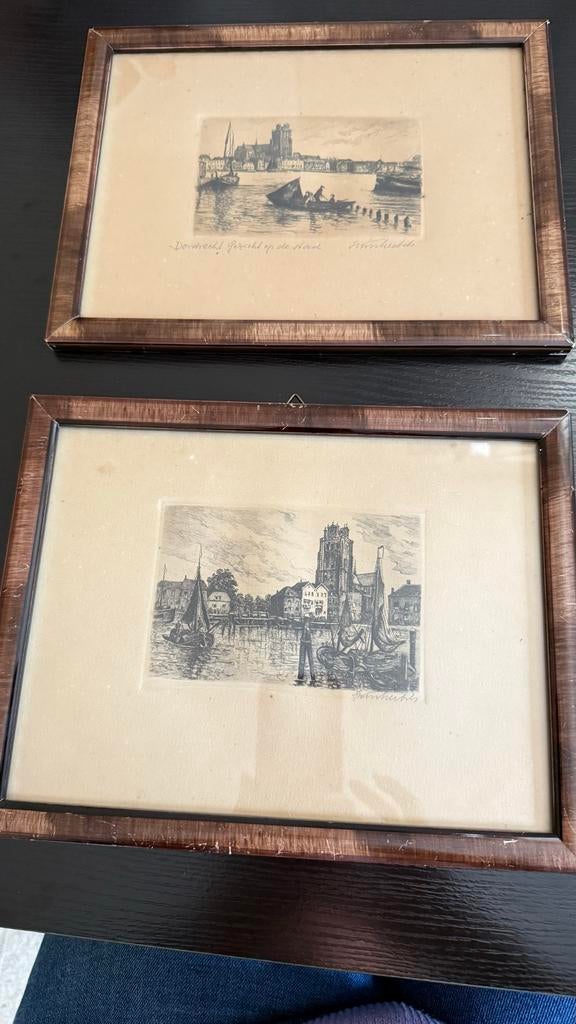 Twee etsen van Dordrecht: Stadsgezichten, Ingelijst, Ets, Stadsgezicht, Ophalen of Verzenden