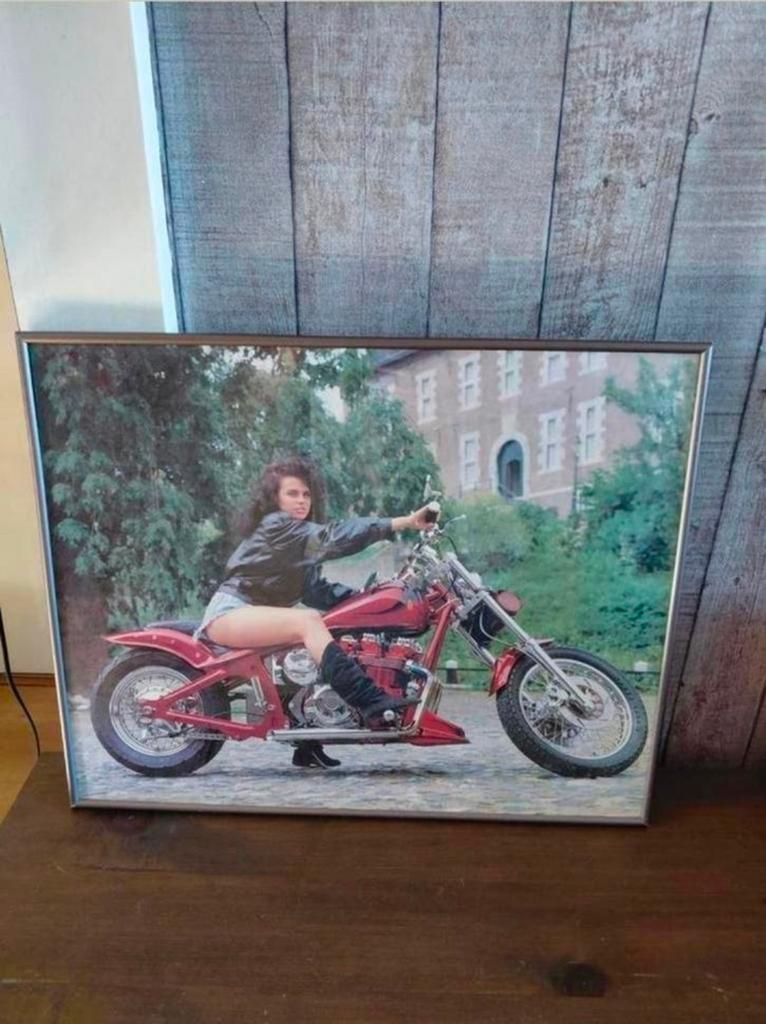 Sexy biker chick / Vrouw op motor in lijst schilderij., Ophalen