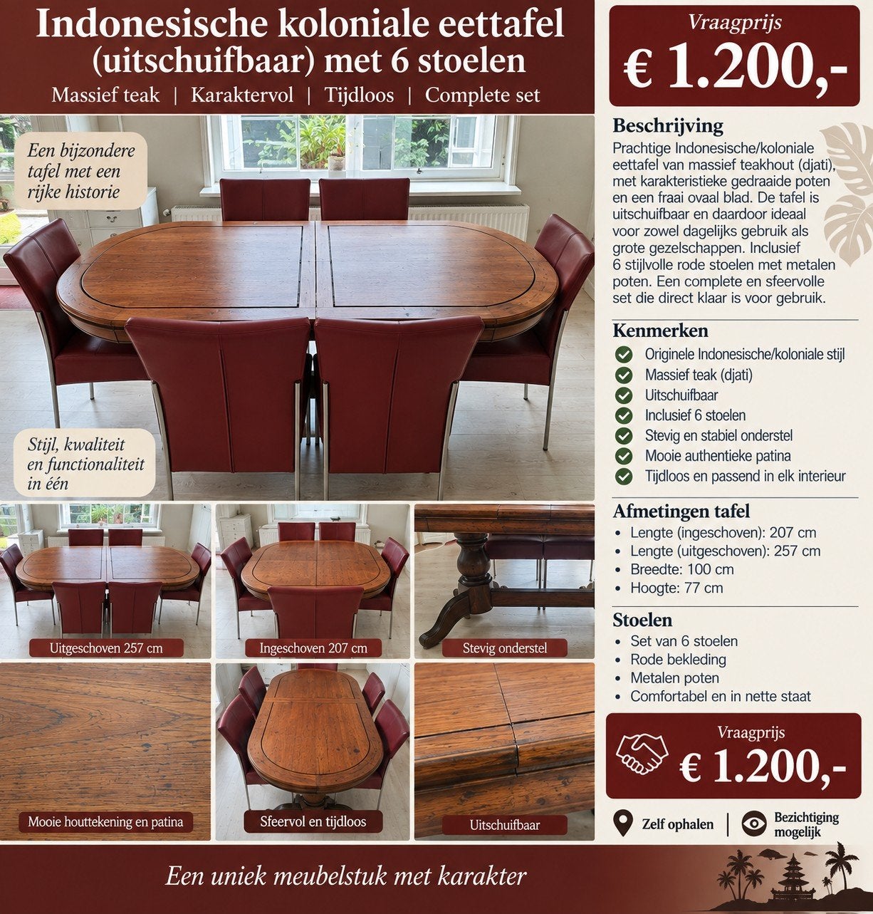 Indonesische koloniale uitschuifbare eettafel met 6 stoelen, Huis en Inrichting, Ophalen, Gebruikt, Teakhout, 200 cm of meer